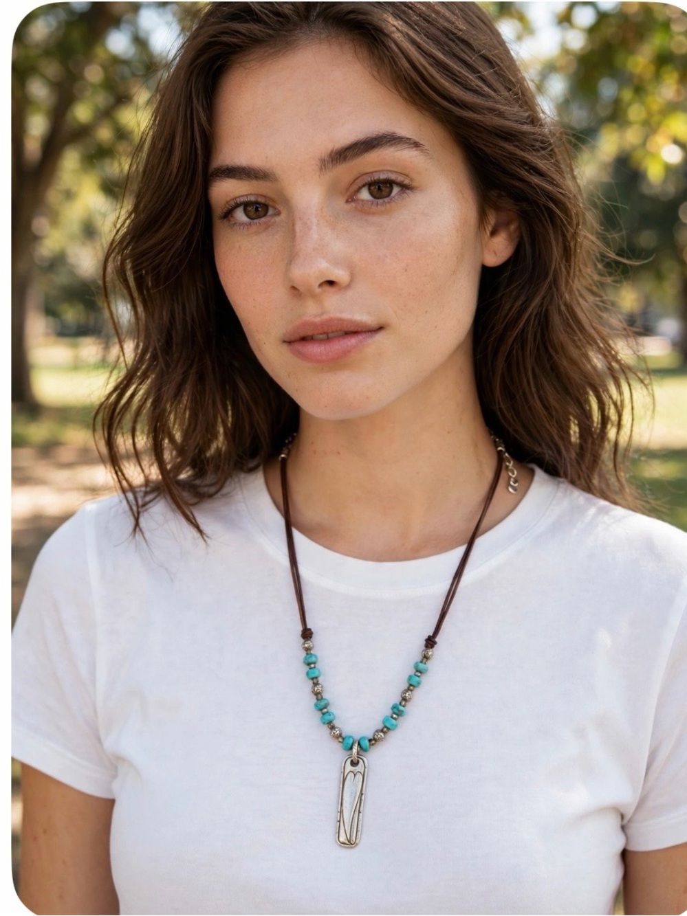 Love Turquoise Bead Brown Cord Silver Pendant Necklace